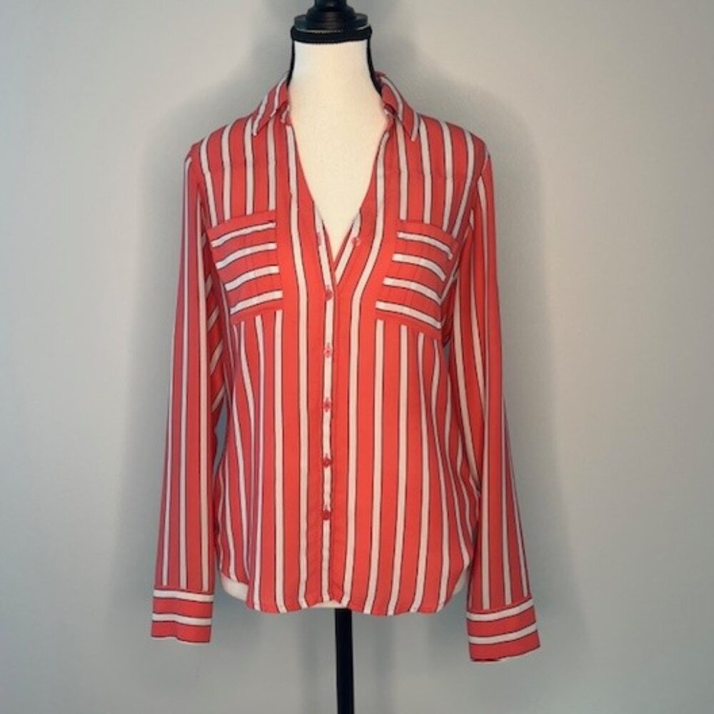 Express Portofino Women's Blouse, Coral, Black, and White Stripes, Size XS